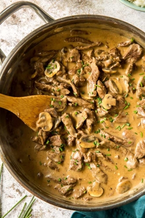 A skillet filled with a creamy sauce and slices of beef and mushrooms.