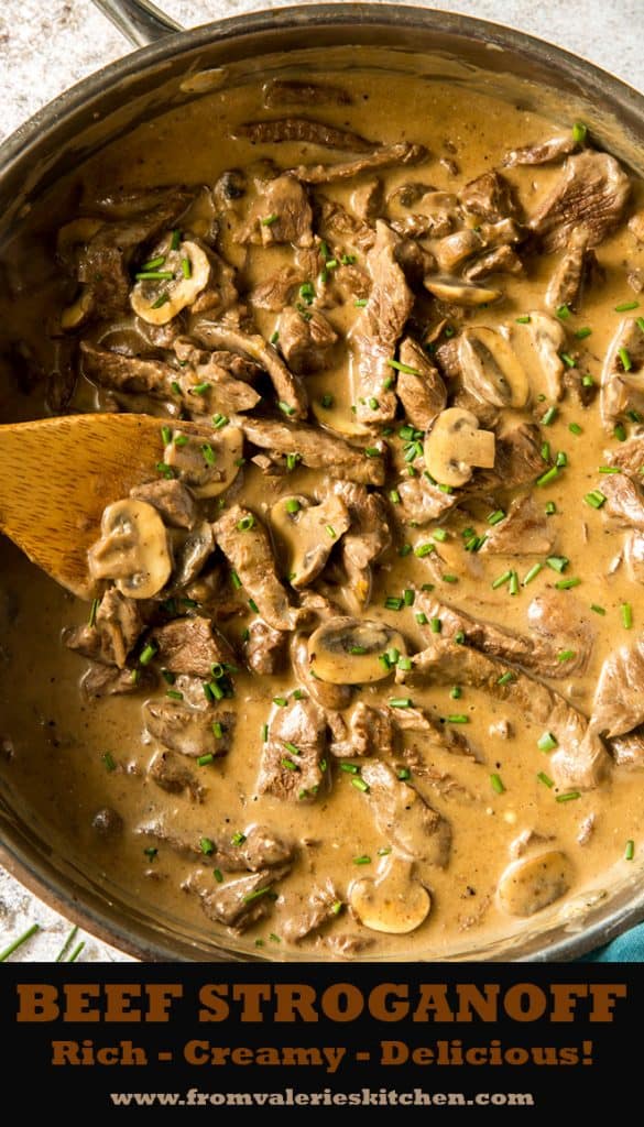 A close up of a skillet filled with Beef Stroganoff with text overlay.