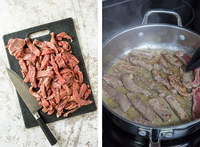Two images showing the raw, sliced sirloin and browning the sirloin in a pan.
