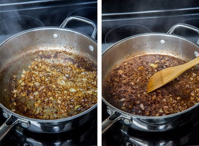 Two images showing the onions are garlic cooking in a pan and the wine, beef broth, Dijon, and Worcestershire are added.
