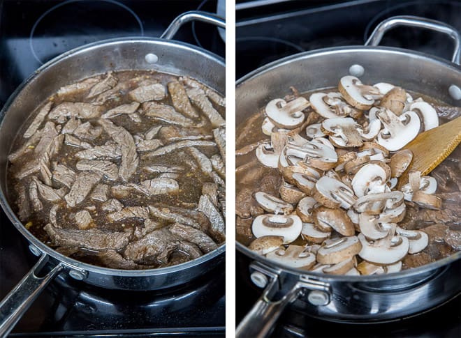 Two images showing the beef being added back to the sauce in the pan and the mushrooms are added.