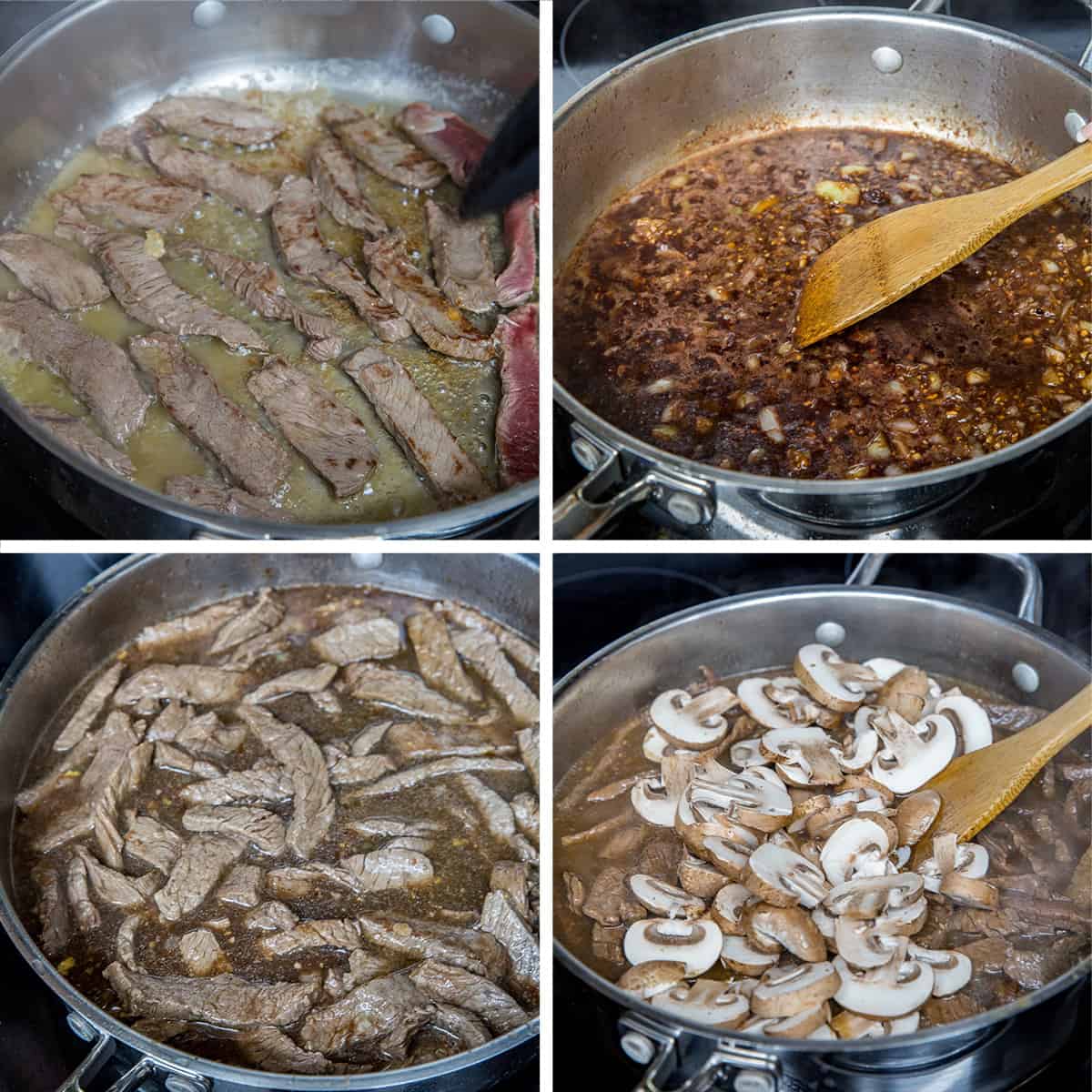 Four images showing beef cooking in a skillet with onions, wine, broth, and mushrooms.