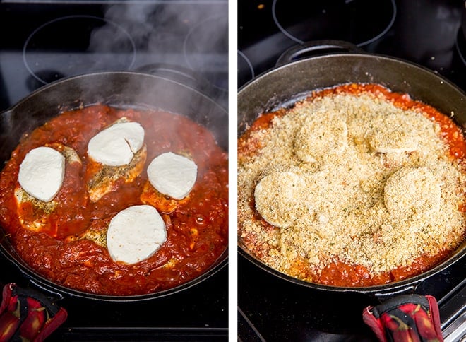 Two images showing the process of adding the cheese and bread crumb topping.