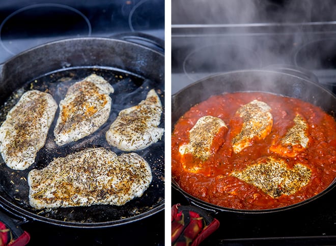 Two images showing the process of seasoning and cooking the chicken in a skillet.