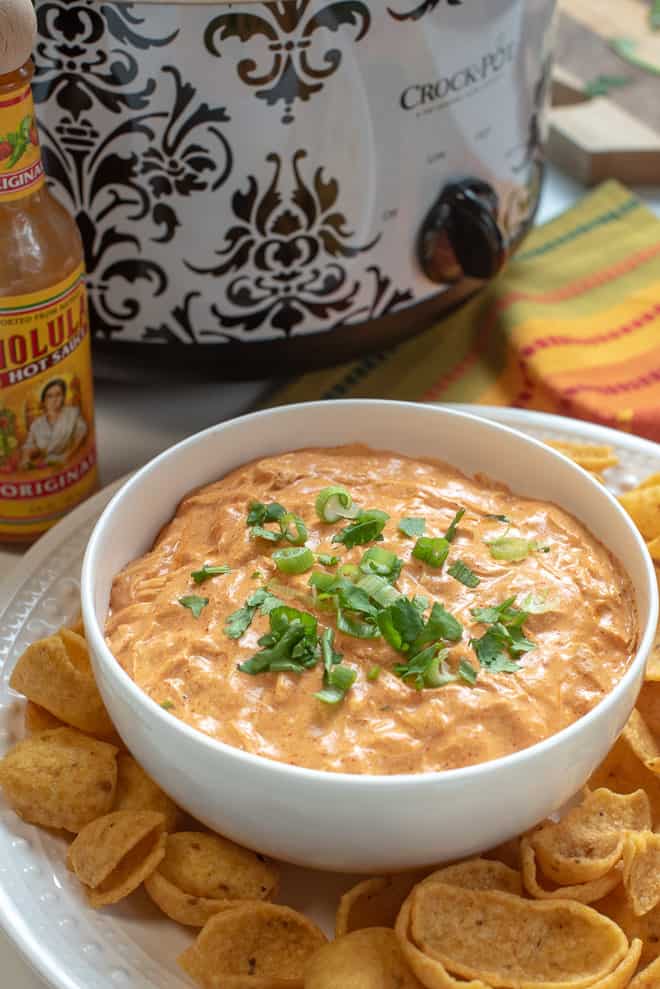 Slow Cooker Chicken Enchilada Dip in a white serving bowl garnished with green onion and cilantro.