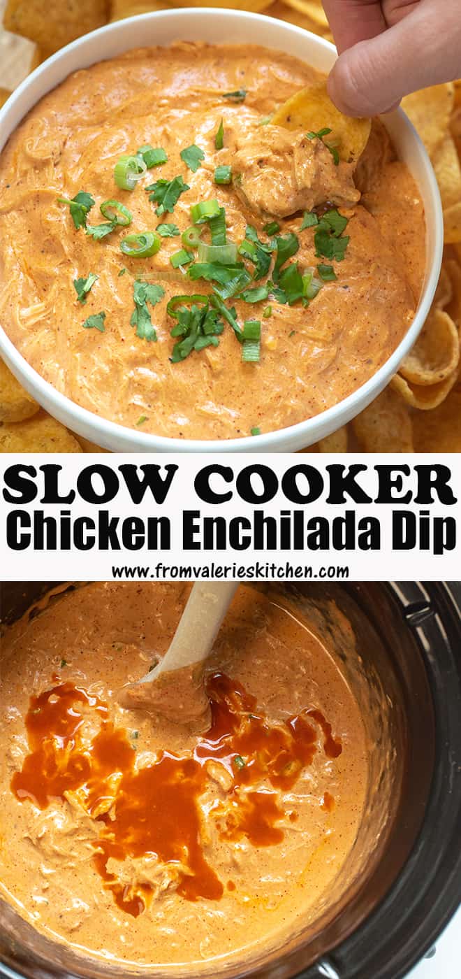 A two image vertical collage of Slow Cooker Chicken Enchilada Dip in a white serving bowl and in a Crock Pot.