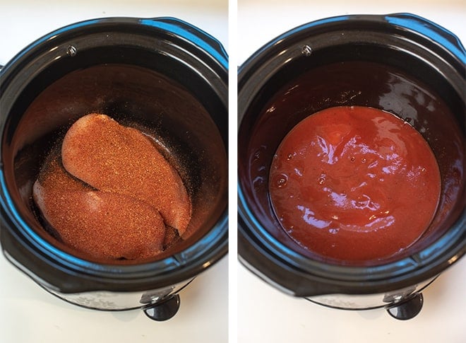 Two process images - chicken in a slow cooker sprinkled with taco seasoning and red enchilada sauce is poured over the top.