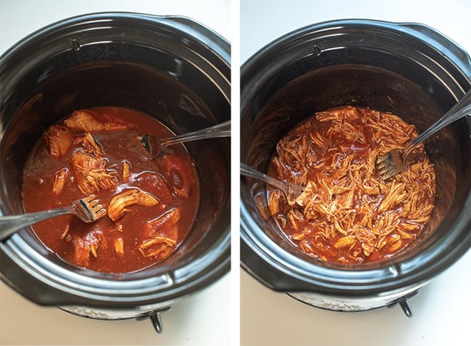 Two process images - two forks shred the chicken into the sauce.