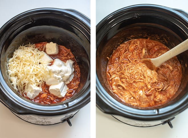 Two process images - cream cheese, sour cream, and pepper Jack cheese is added to the slow cooker. A wooden spoon stirs the mixture.