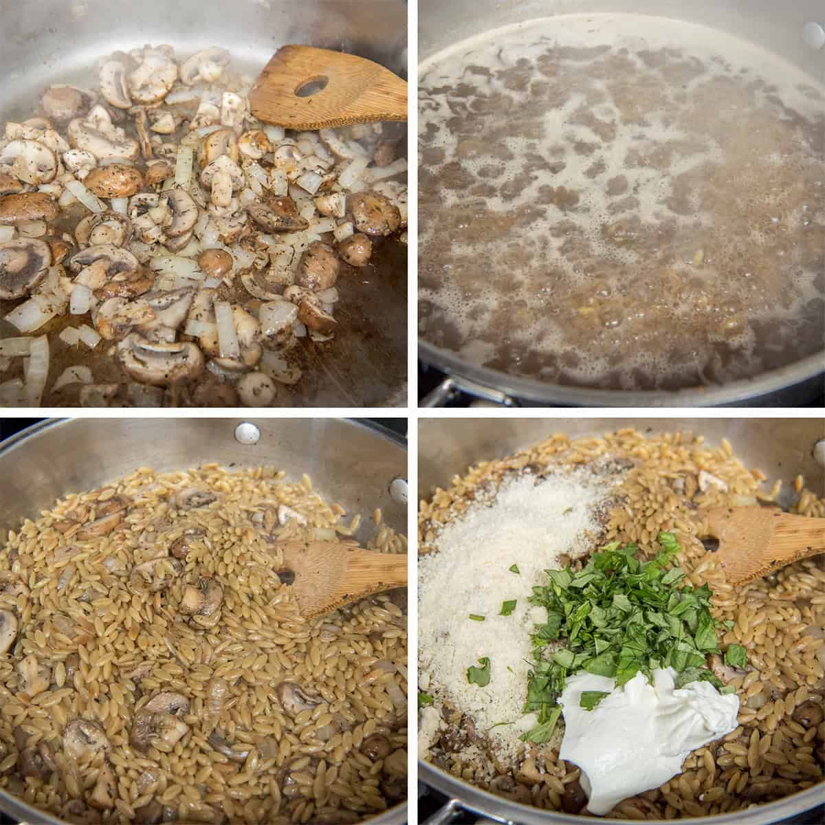 Four images of ingredients for orzo with mushrooms and parmesan in a skillet.