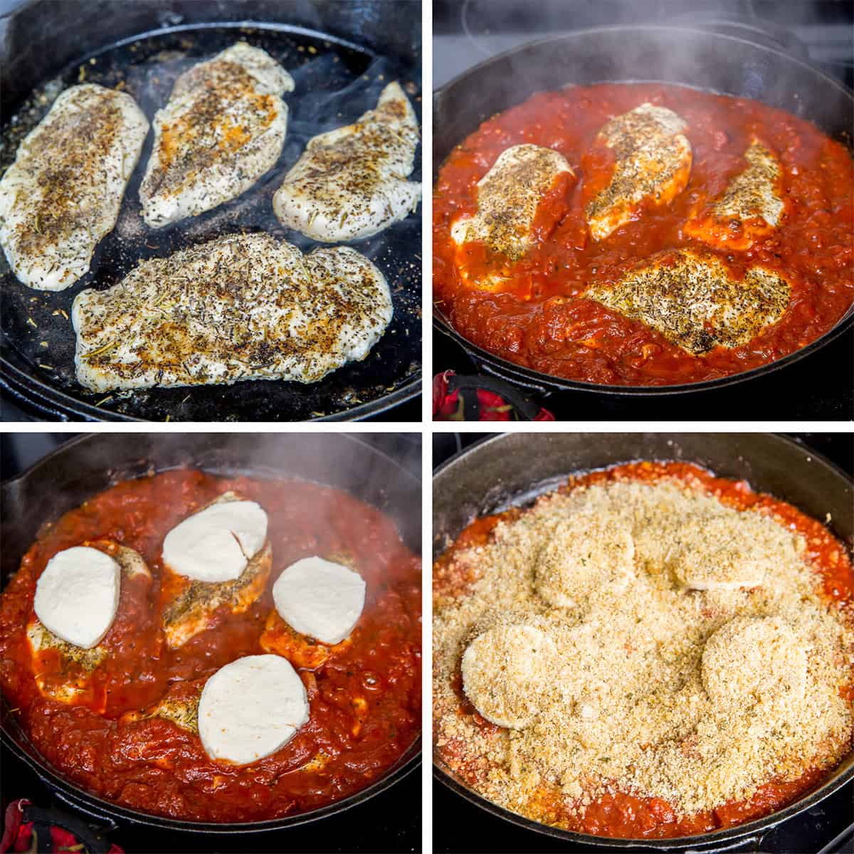 Four images of seasoned chicken in a cast iron skillet, then covered in marinara sauce, sliced cheese, and breadcrumbs.