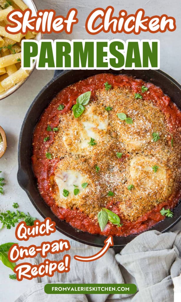 Chicken parmesan topped with breadcrumbs in a cast iron skillet next to a bowl of rigatoni pasta with text overlay.