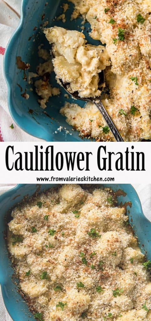 Two images of cauliflower gratin with text.
