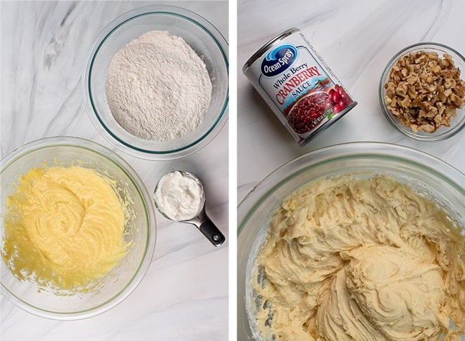 Two in process images showing the cake batter and cake ingredients including Ocean Spray Whole Cranberry Sauce and chopped walnuts.