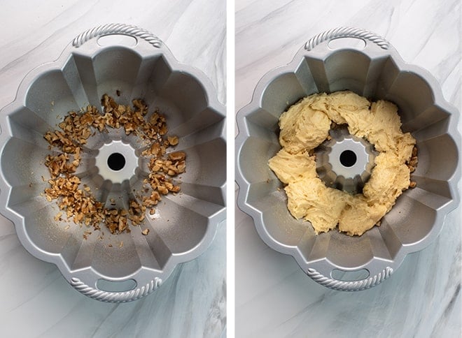 Two in process images showing the chopped walnuts on the bottom of the greased Bundt pan and the first layer of cake batter spread over the top.