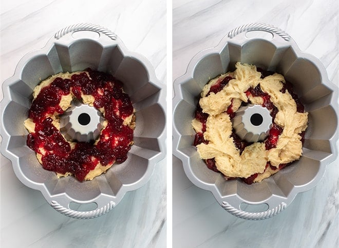 Two in process images showing the first layer of cranberry sauce and the next layer of cake batter spread over the top.