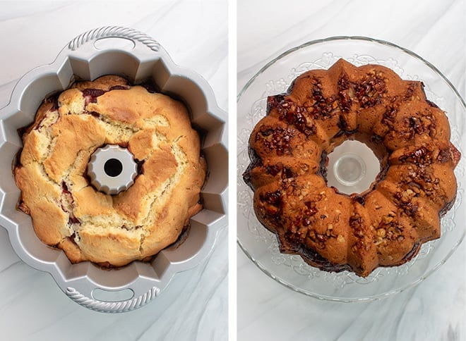 Two in process images showing the cake after it comes out of the oven and then inverted on to a serving platter.