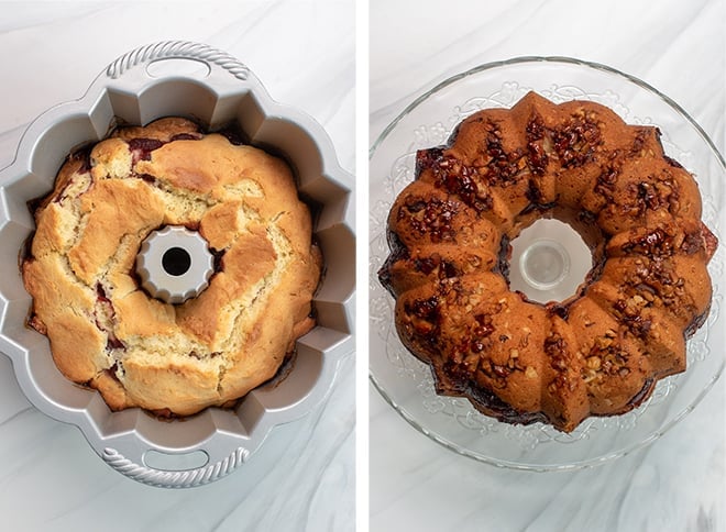 Two in process images showing the cake after it comes out of the oven and then inverted on to a serving platter.