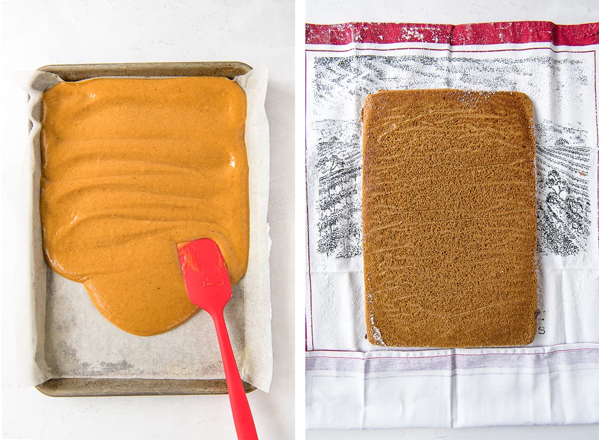 A red spatula spreads pumpkin cake batter in a jelly roll pan and the cake resting on a kitchen cloth after baking.