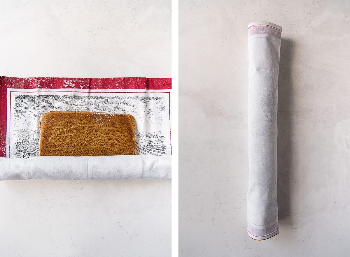 Two images showing a thin pumpkin cake partially rolled and fully rolled and enclosed in a kitchen cloth.