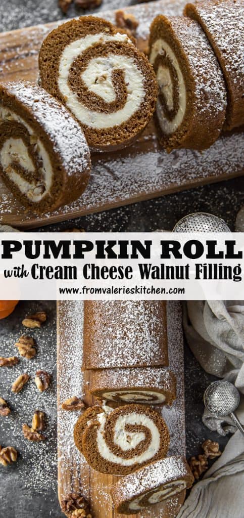 Two images of a pumpkin roll with text overlay.