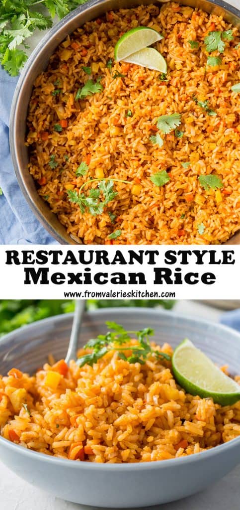 Two images of Mexican rice in a skillet and in a bowl with text.