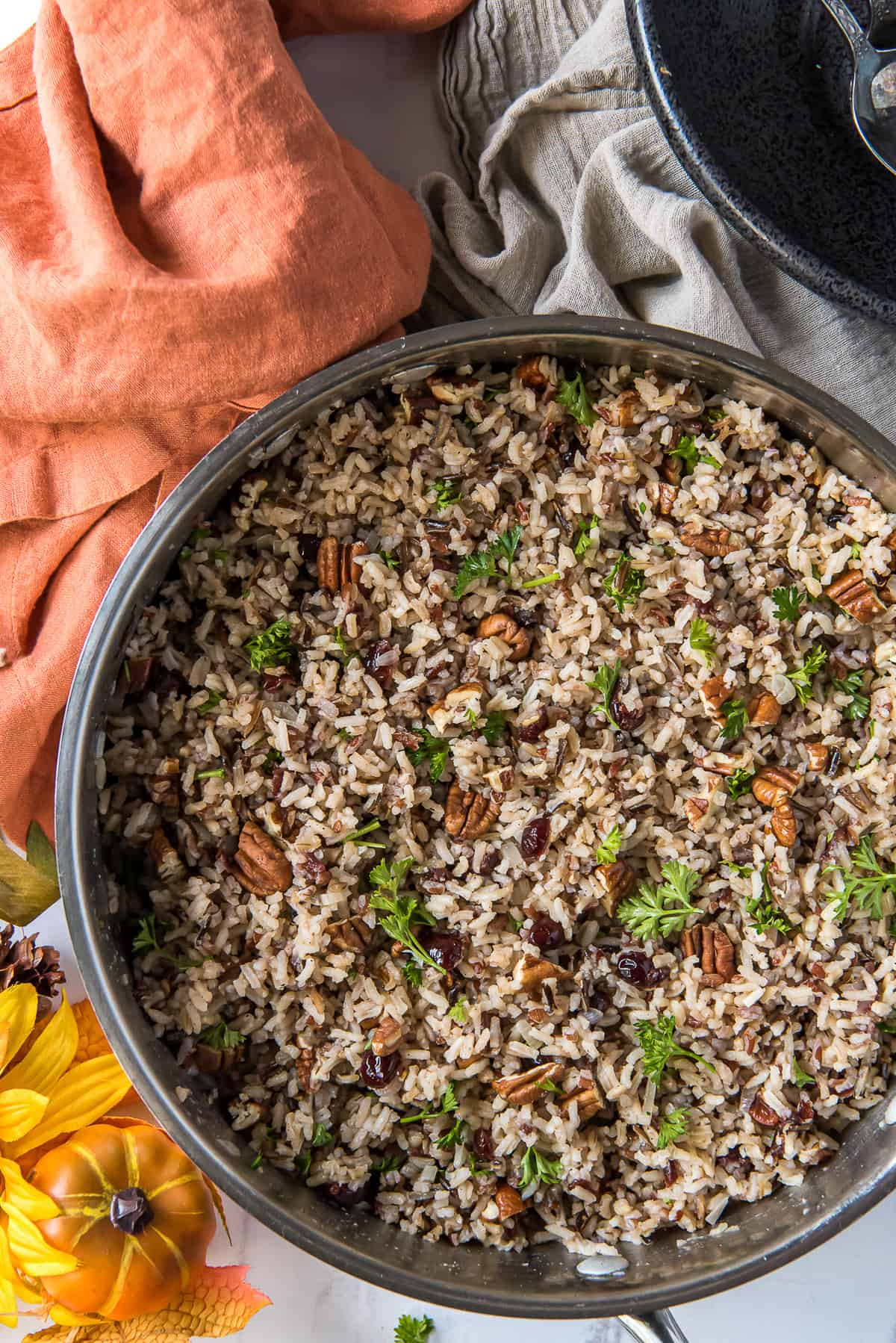Wild Rice Pilaf in a stainless steel pan