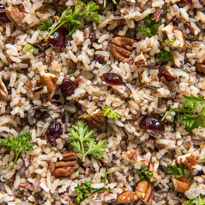 A close up of Wild Rice Pilaf with Cranberries and Pecans