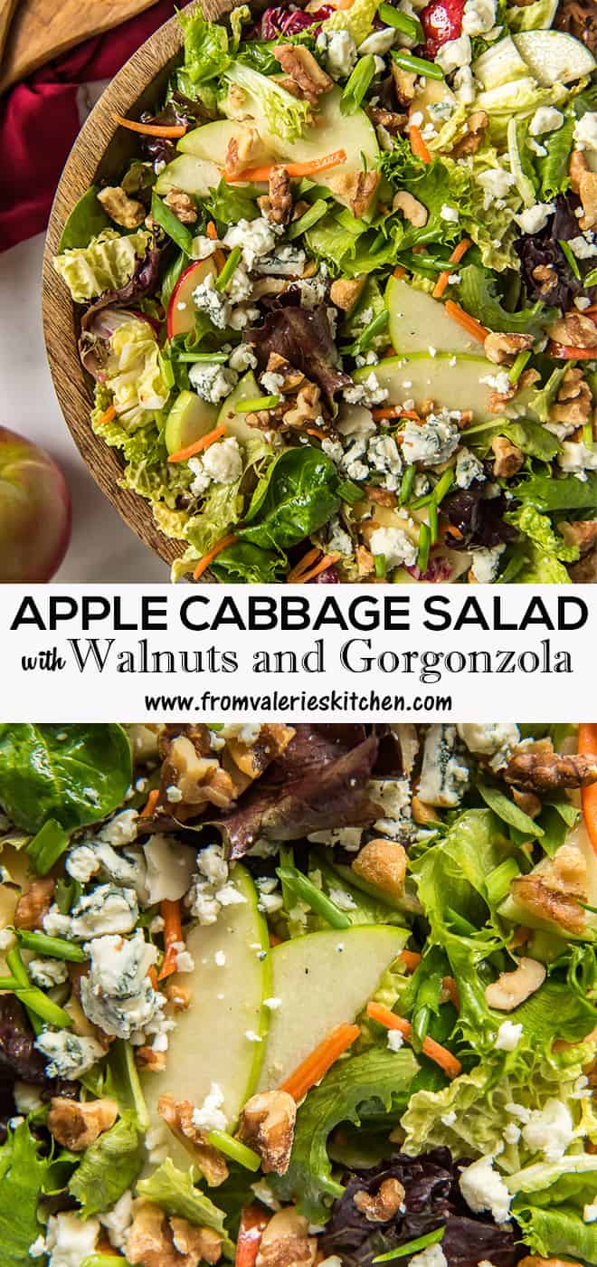 A two image vertical collage of Apple Cabbage Salad with Walnuts and Gorgonzola with overlay text.