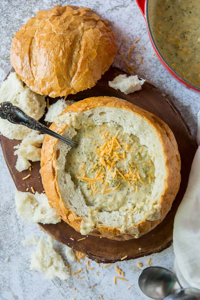 Broccoli Cheese Soup in a bread bowl shot from over the top.