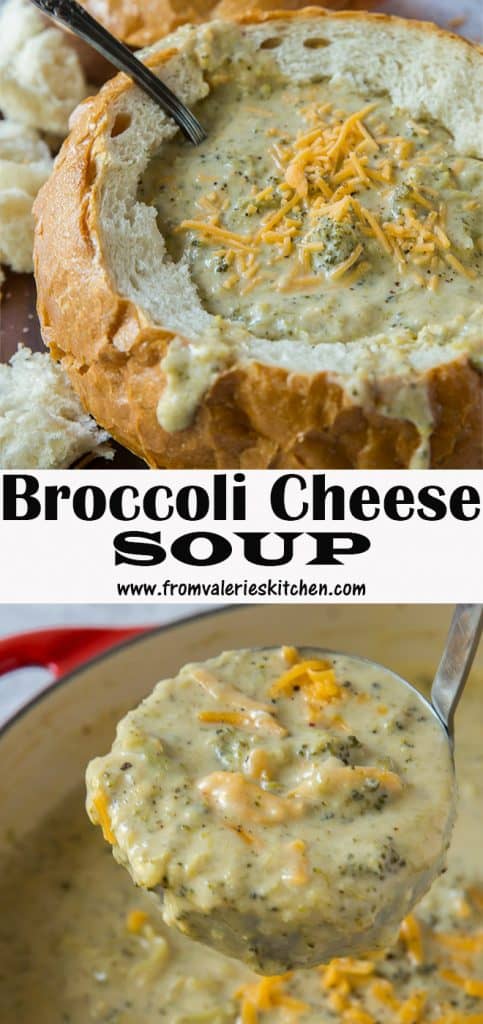 Two images of broccoli cheese soup in a bread bowl and in a Dutch oven with text overlay.