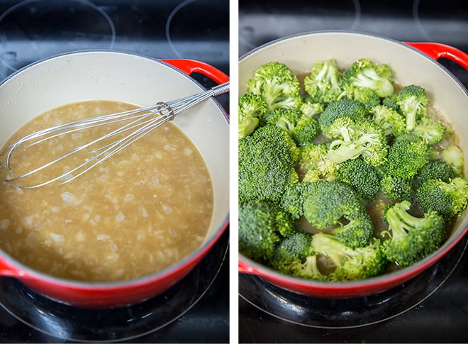 Two in process images of the chicken broth and broccoli added to the pot.