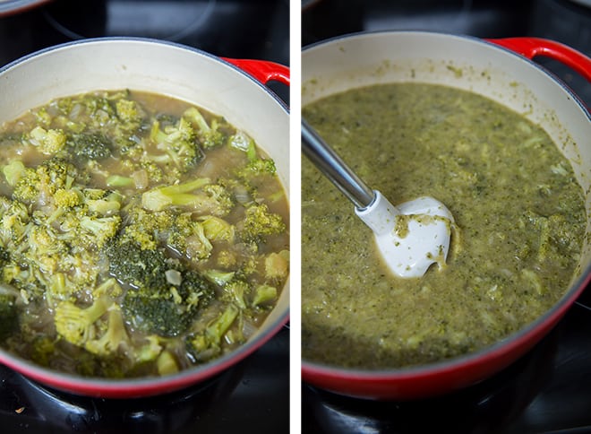 Two in process images of the tender broccoli being pureed with an immersion blender.