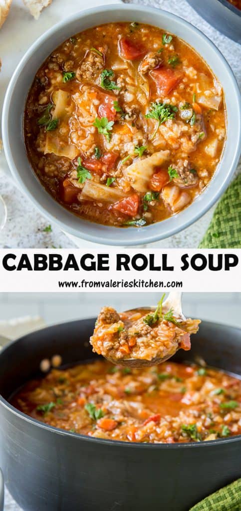 Two images of cabbage roll soup in a bowl and a large soup pot with text overlay.