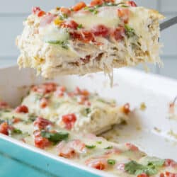 A spatula lifts a slice of chicken tortilla casserole from a baking dish.