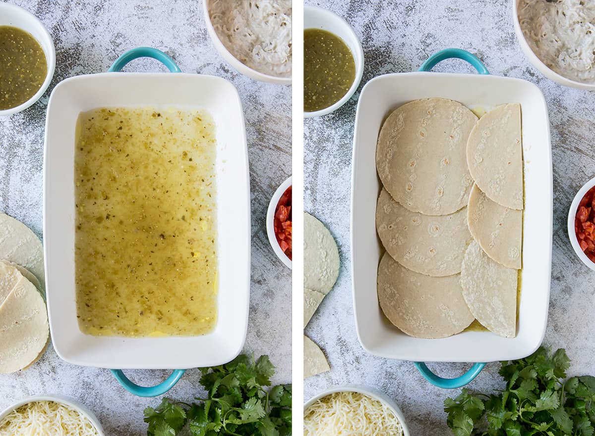 Green salsa and tortillas in a baking dish.