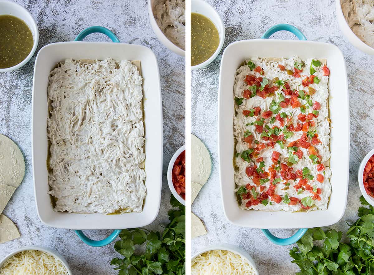 Rotisserie chicken and Ro Tel tomatoes layered in a baking dish.