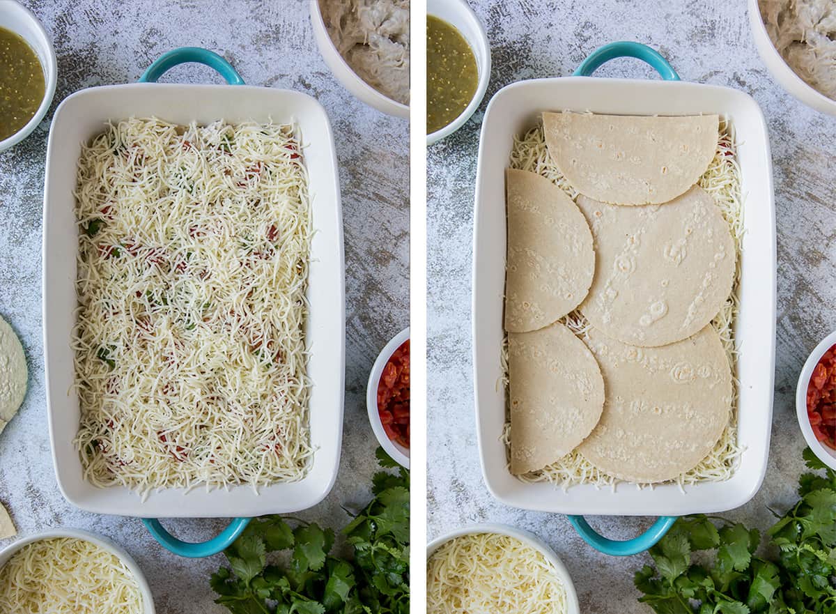 Cheese and tortillas layered in a baking dish.