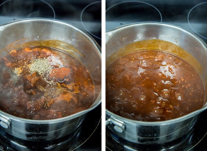Two in process images of the homemade BBQ sauce being prepared in a skillet on the stove.