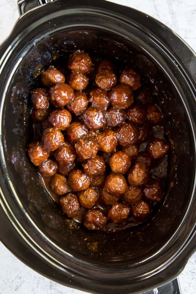 Cocktail Meatballs in a Crock-Pot shot from over the top.