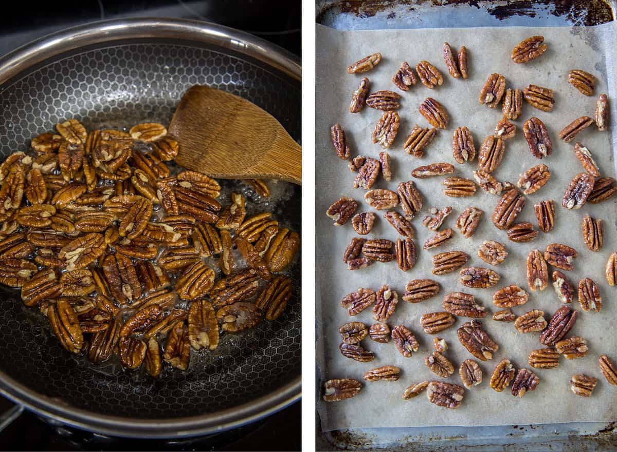 Glazed nuts in a skillet and cooling on parchment paper.