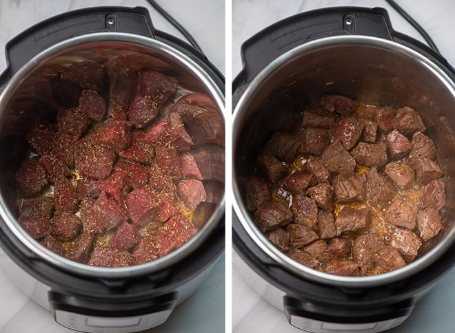 Two in process images showing the cubes of beef stew meat browning with some of the spice mix in the Instant Pot.