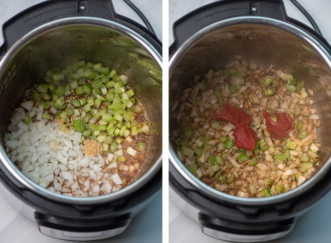 Two in process images showing diced onion, chopped celery, and garlic sauteing in the Instant Pot. Tomato Paste is added.