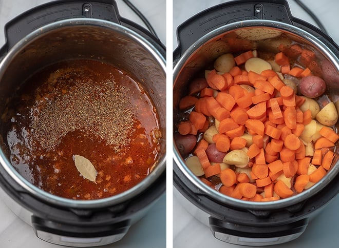 Two in process images showing the beef broth, red wine, Worcestershire sauce, and bay leaf added to the Instant Pot. The browned beef, potatoes, and carrots are added on top.