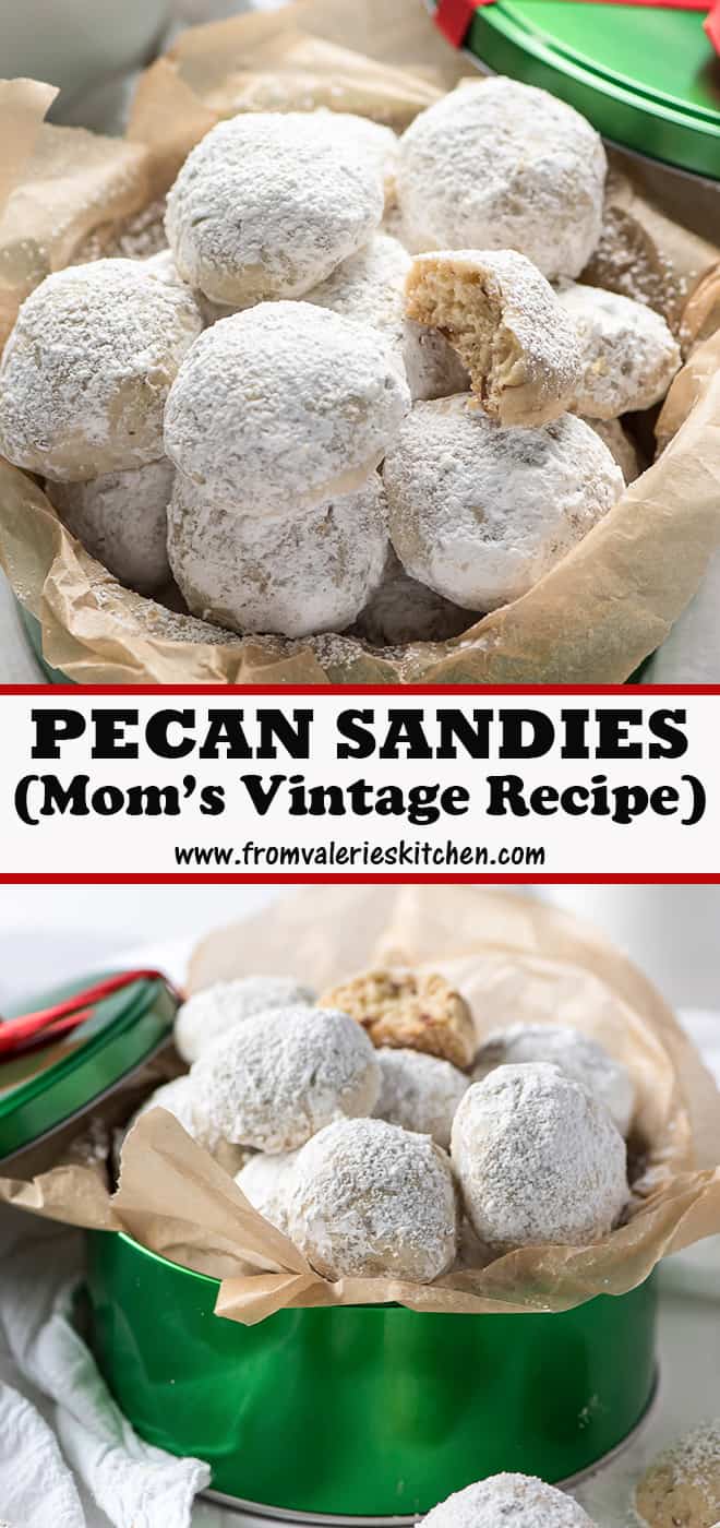A two image vertical collage of Pecan Sandies with overlay text.
