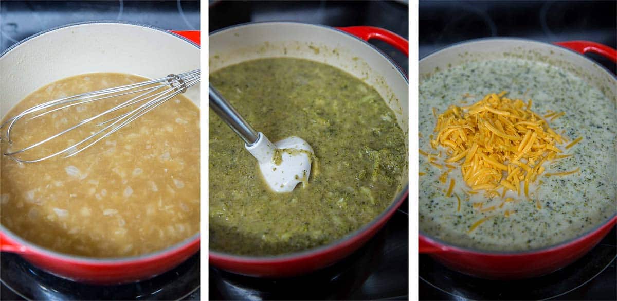 Three images of broccoli cheese soup ingredients in a Dutch oven.