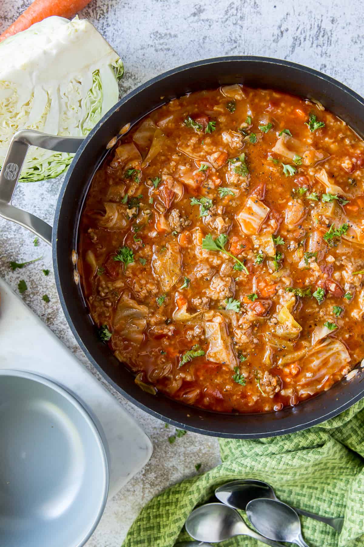 A top down shot of a big pot full of Cabbage Roll Soup.