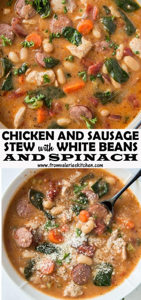 Chicken and Sausage Stew in a bowl with overlay text.
