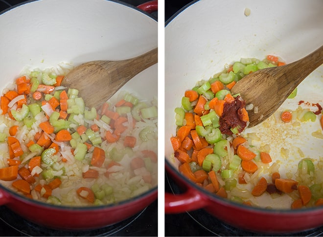 Two in process images showing the carrots, celery, onion and garlic cooking in the Dutch oven with tomato paste.