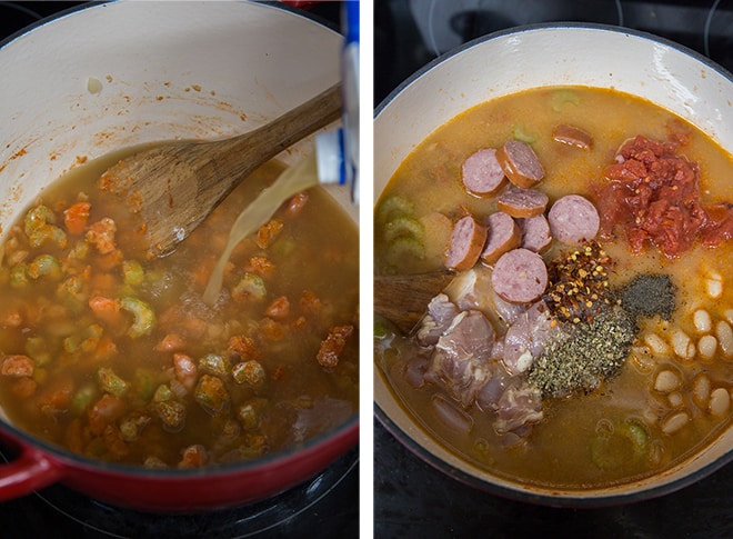 Two in process images showing chicken broth and the remaining ingredients added to the pot.